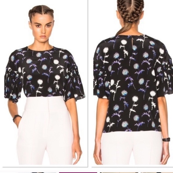 Kenzo Paris / dandelion print silk flutter sleeve Floral crop  Top 44 xl - Picture 3 of 10